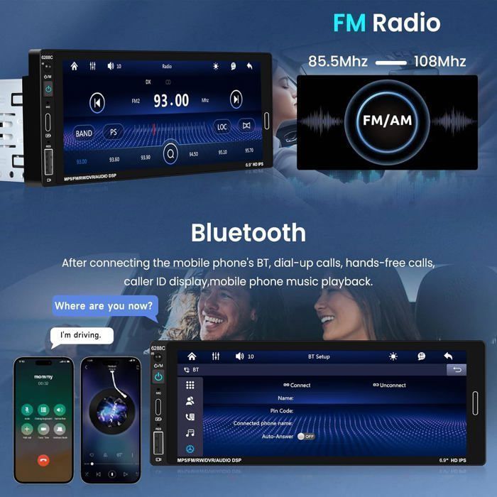 Autorradio de 1 DIN de 6,86