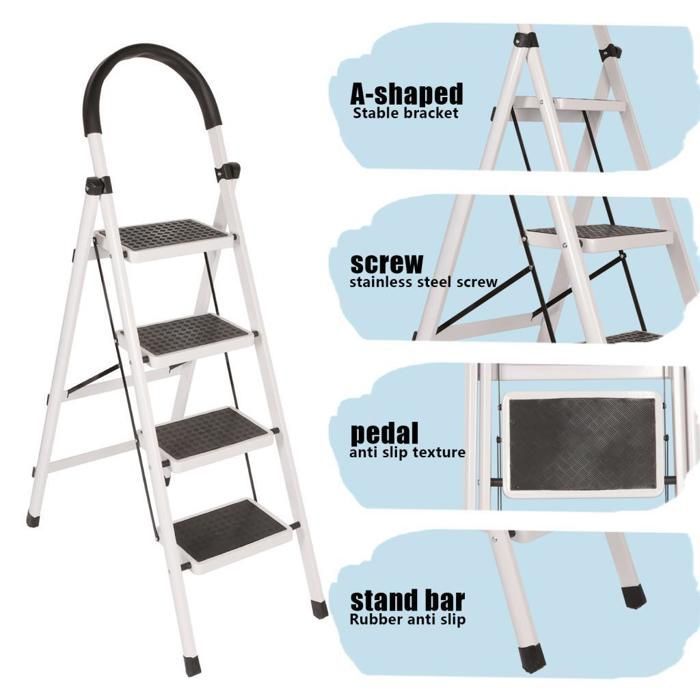 iDEGU Escabeau Pliable en 4 Marches, Échelle Antidérapante avec Poignée, Robuste et Large Pédale,Charge jusqu'à 150KG,Noir et Blanc