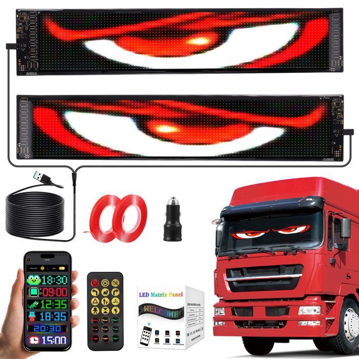 Ojos de diablo de 2 piezas para coches, ojos LED para camiones de 12 x 59,5 cm, pantalla suave, escritura luminosa programable, Bluetooth USB 5V