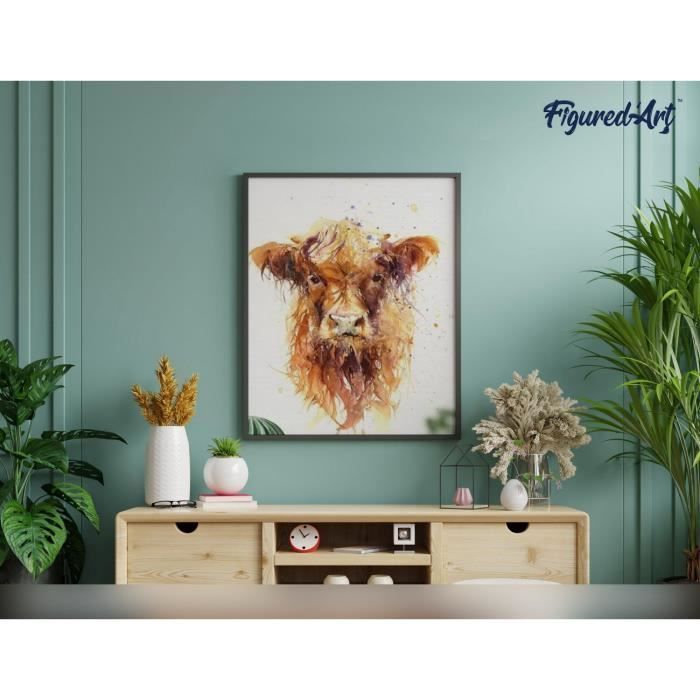 Figured'Art Pintura por números para adultos - Vaca marrón de pelo largo - Kit de arte por números para armar - 40x50cm con marco de madera (requiere montaje)