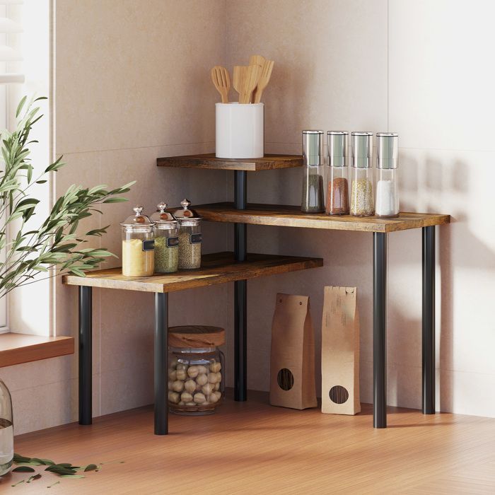 Estantería de cocina - HOMCOM - giratoria - 3 niveles - estructura metálica - 40 x 18 x 36,5 cm - marrón rústico