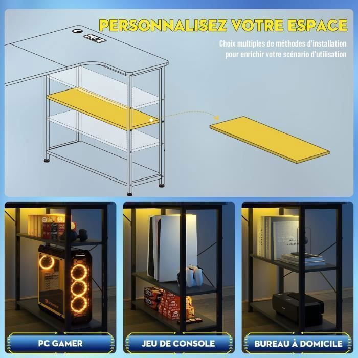 Bureau Gaming en Forme de L, Bureau d’Angle avec Étagères Rangement,  Prise de Courant, 120L*80P*74H, Noir