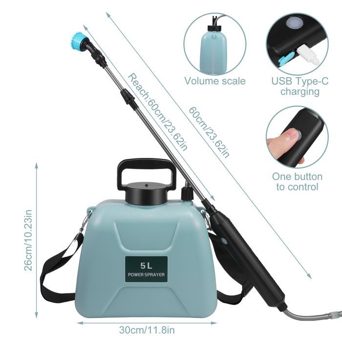 Spruzzatore elettrico da giardino TTLIFE con 3 ugelli regolabili, capacità 5 litri, ricaricabile tramite USB, ideale per giardinaggio, diserbo e lavaggio auto.