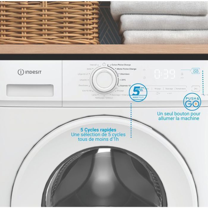 INDESIT IMA762MYTIMEFR wasmachine met patrijspoort - 7 kg - Inductie - 1200 tpm - Push&Go - Klasse A - Wit