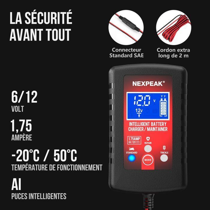 Cargador de batería para coche de 1,75 A, 6 V y 12 V, cargador de batería inteligente totalmente automático, cargador de mantenimiento