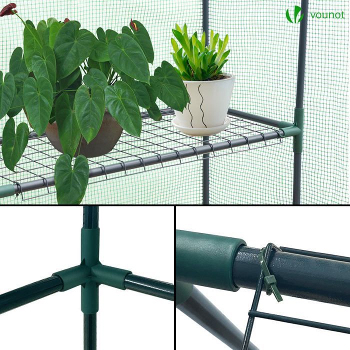 VOUNOT® Serre de jardin avec étagères 143x215x195cm vert - bâche renforcée 135g/m² - fenêtre moustiquaire - porte enroulable zippée