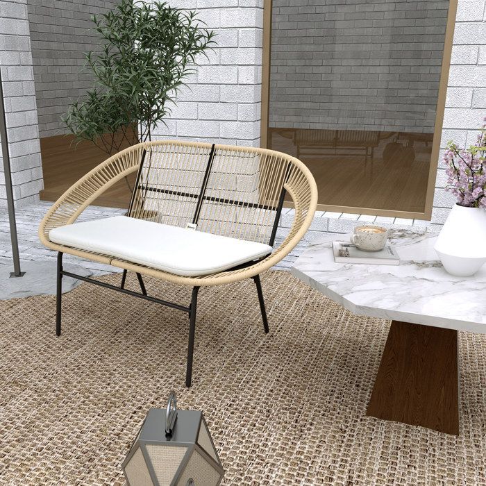 Banco de jardín Outsunny - 2 plazas - Estilo Acapulco - con respaldo y cojín - Fabricado en acero - 126 x 72 x 83 cm - Color caqui