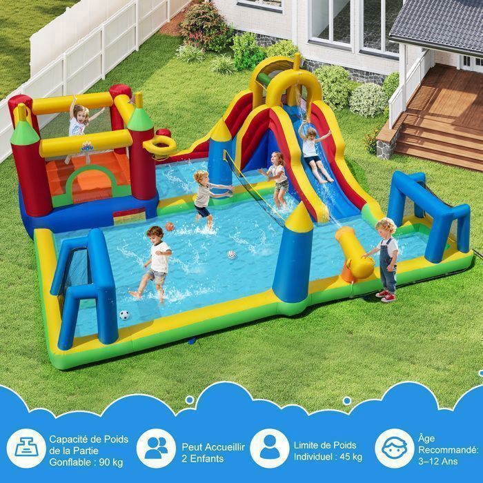 Opblaasbaar kasteel - COSTWAY - Waterglijbaan, klimwand, zwembad zonder pomp - Buitenspel voor kinderen van 3-12 jaar