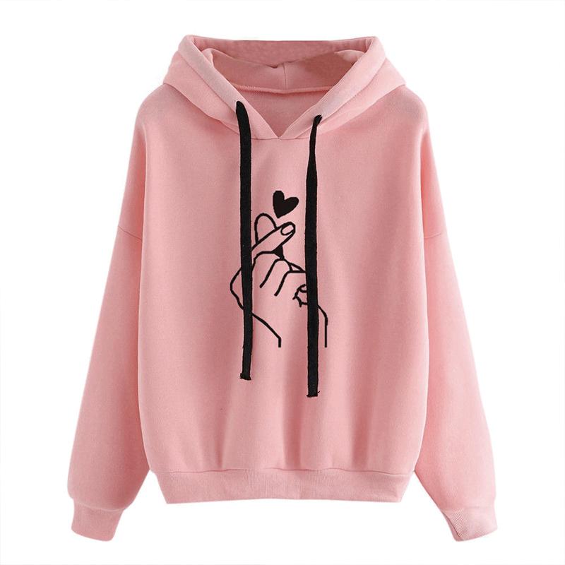 Felpa da donna autunnale alla moda con stampa a cuori e dita, casual, a maniche lunghe, vestibilità ampia, tinta unita.