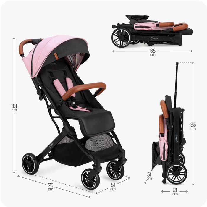 MoMi ESTELLE – Ultra Compact Baby Stroller – Lightweight 7.7 kg – One-Hand Fold – Suitcase Handlebar – Pink