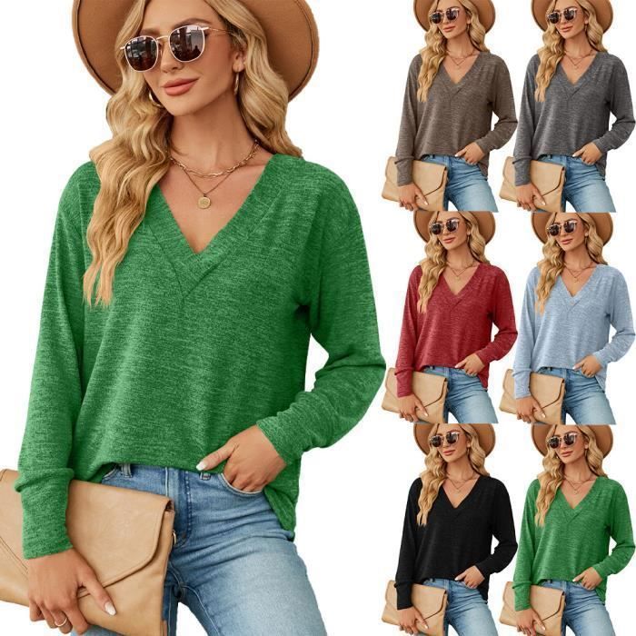 Pull Femme Col V Manches Longues Couleur Unie Pullover Lâche Confortable Pour Printemps Et Automne - Taille EU - Noir