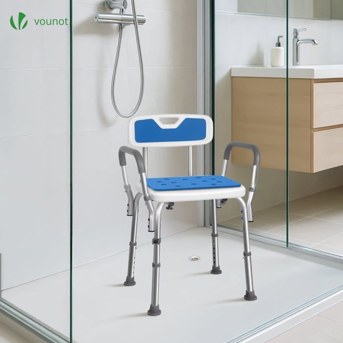 Silla de ducha VOUNOT® con respaldo y reposabrazos - Altura ajustable - Patas antideslizantes - Asiento de aluminio y HDPE - Azul