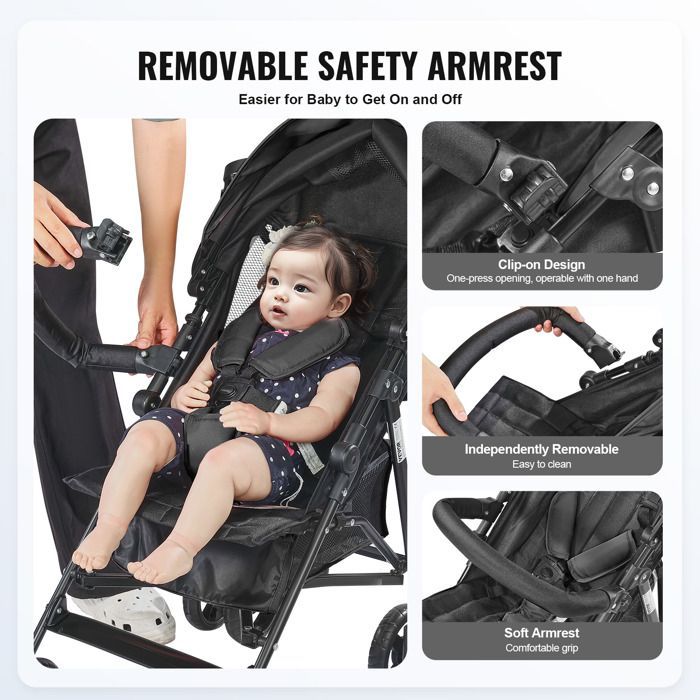 Lightweight Baby Stroller - VEVOR - Compact Toddler Stroller with Multi-Position Reclining Backrest - Black