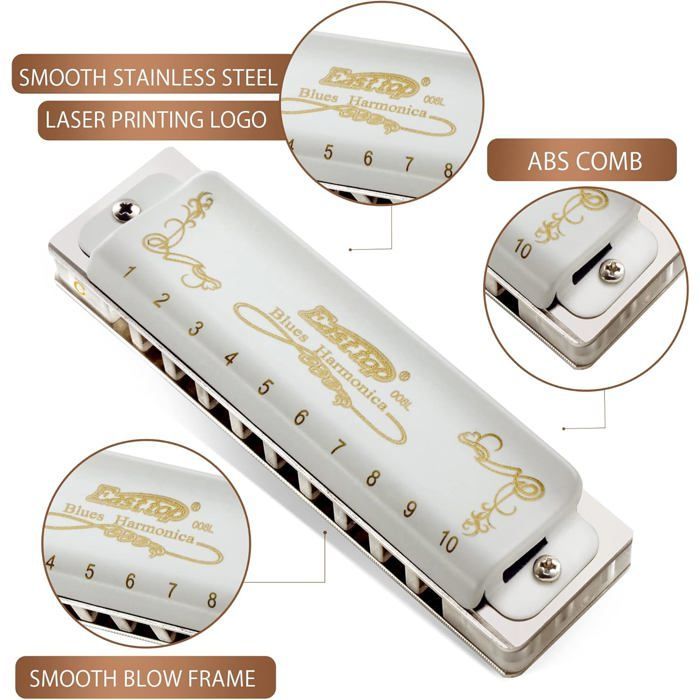 Diatonische mondharmonica in C - GESTEMPELD - 20 tonen - 10 gaten - Messing - 10,2 x 2,7 x 1,9 cm - 18 g