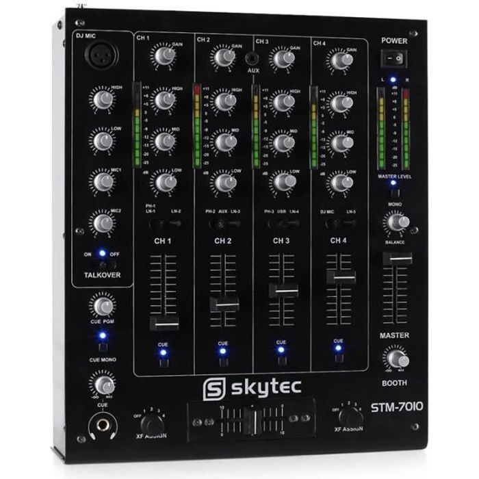 Skytec STM-7010 4-Channel DJ Mixer - USB, 3.5mm Jack, Talkover, Replaceable Crossfader