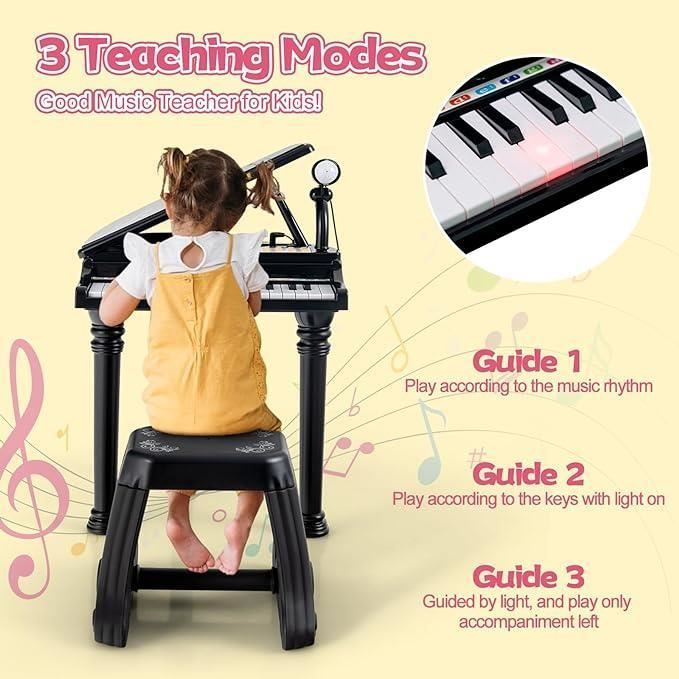 GOPLUS Piano electrónico de 31 teclas para niños, teclado electrónico con taburete, micrófono y 3 modos, negro.