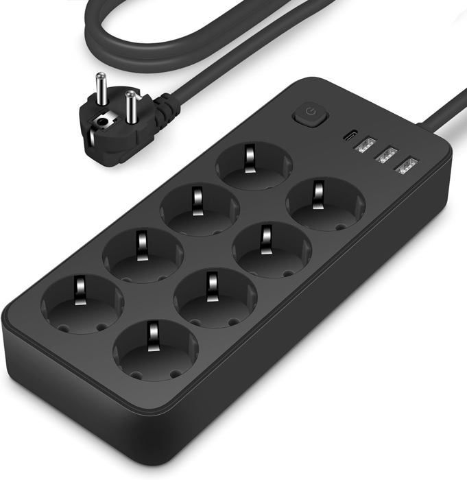 Regleta de 8 tomas con 1 puerto USB-C, 3 puertos USB-A (5V 2A/12W), protector contra sobretensiones con cable de alimentación e interruptor.