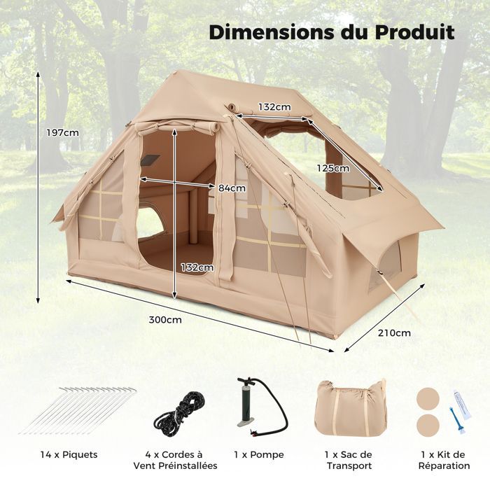 Tienda de campaña hinchable rápida COSTWAY para 4-6 personas - Bomba - 4 ventanas con mosquitera - 2 puertas - Bolsa de transporte - 3 x 2,1 x 1,97 m