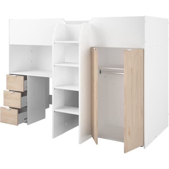 Lit combiné mezzanine enfant - TOM - Blanc et chêne - Armoire, bureau et sommier inclus
