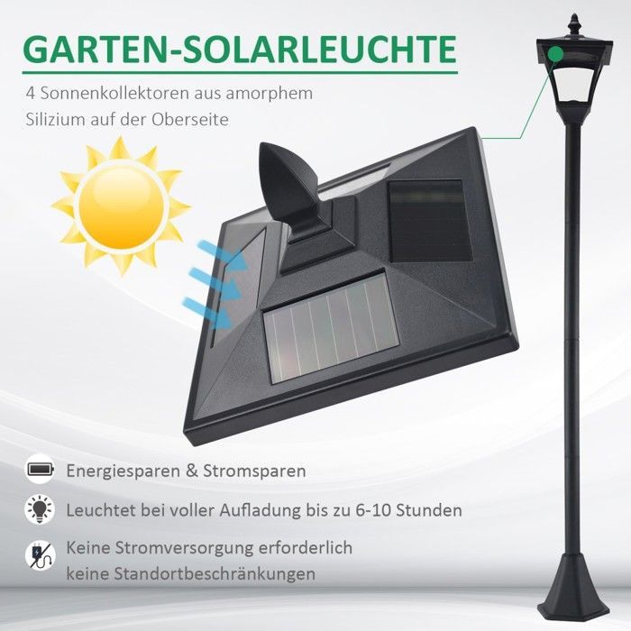 Farol solar de jardín negro de 160 cm - Luz LED de camino de 40 lúmenes - Iluminación decorativa exterior autónoma