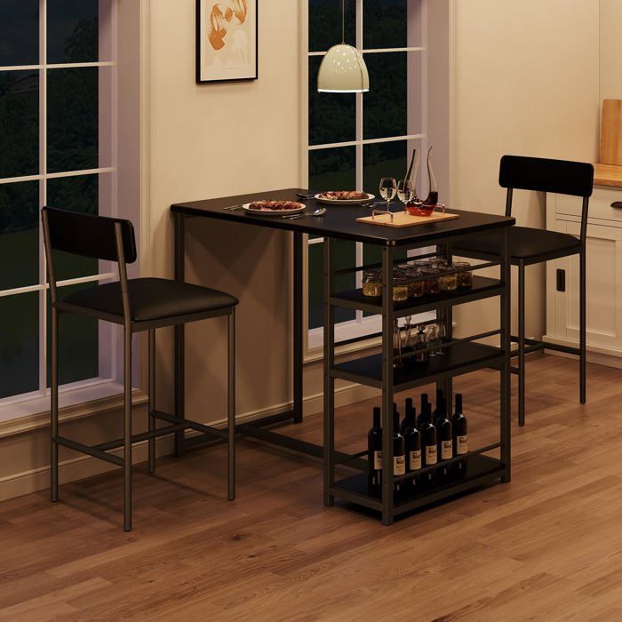 Bar table and stool set, with 1 table and 2 upholstered chairs, kitchen table with 3 shelves, Black