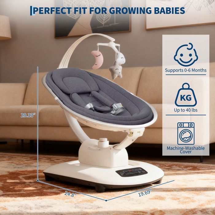 Mecedora eléctrica para bebé con 5 movimientos, velocidad regulable, mando a distancia, reclinable, arnés de 5 puntos y nanas - gris oscuro