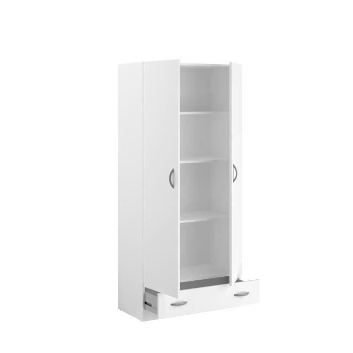 PARISOT Armoire 2 portes battantes + 1 tiroir - Panneaux de particules - Décor Blanc - L 78 cm x P 38 cm x H 170 cm - VARIA