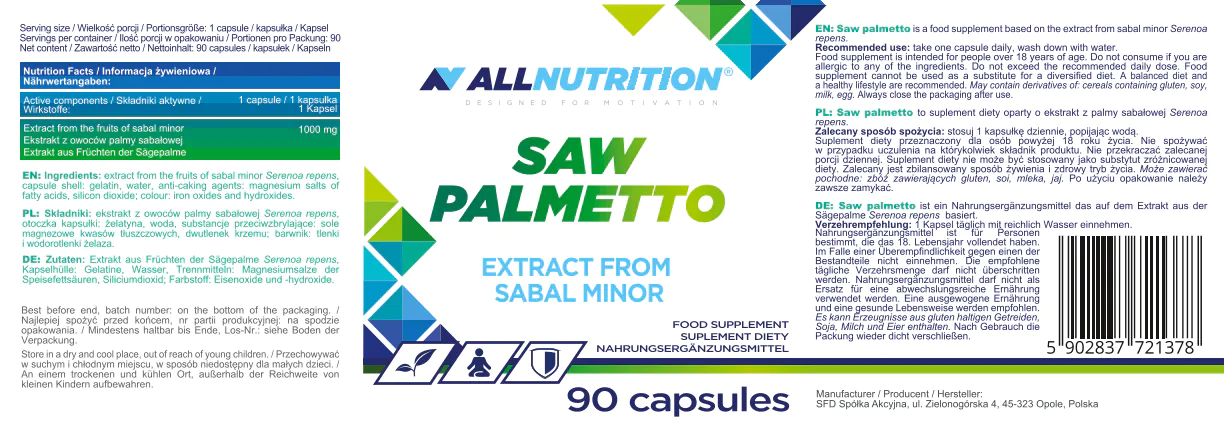 Allnutrition Saw Palmetto, Ekstrakt z owoców palmy sabałowej, Kapsułki