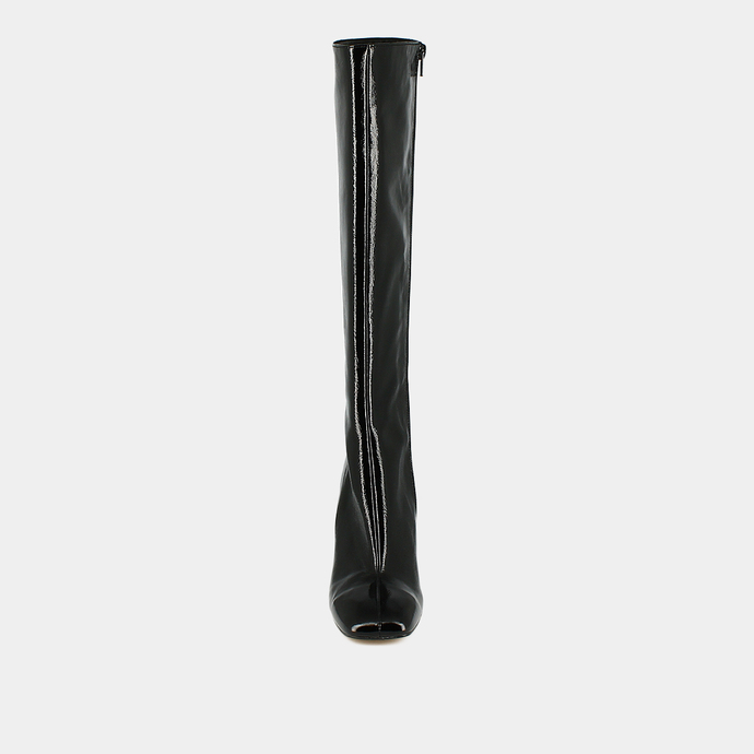 Bottes hautes à bouts carrés  en vernis plissé noir