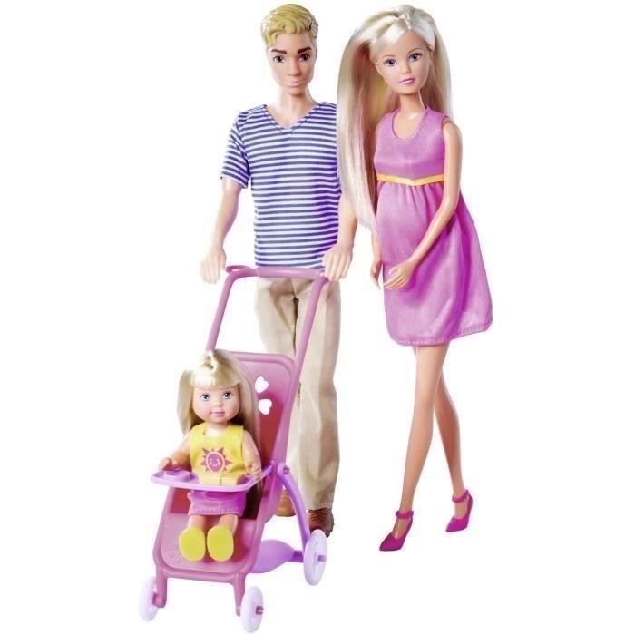 Zwangere Steffi-pop 29 cm, met Kevin 30 cm en Evi 12 cm in haar kinderwagen 105733673 Simba Toys