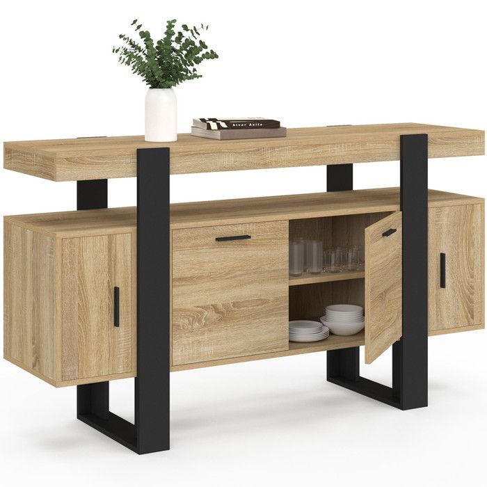 Aparador IDMARKET PHOENIX de 140 cm con 4 puertas, madera y negro.