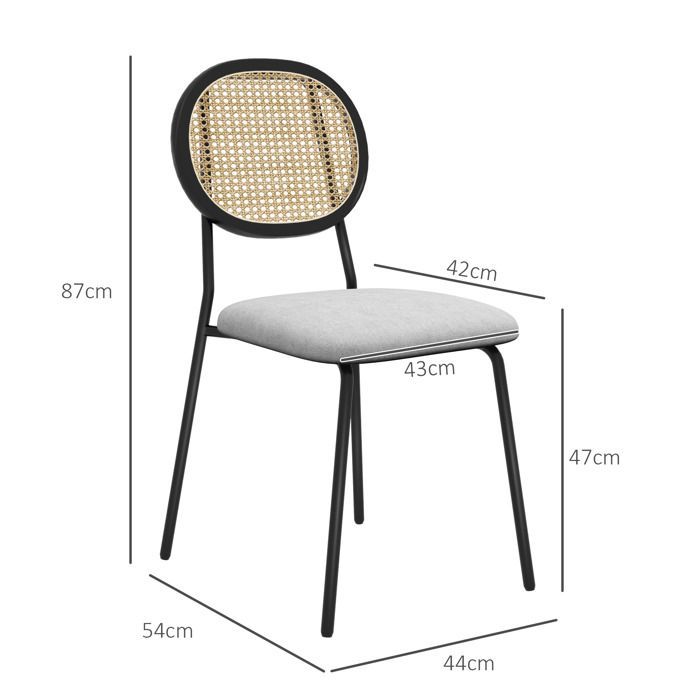 Juego de 2 sillas de comedor - HOMCOM - estilo bohemio - respaldo de ratán, tejido transpirable efecto lino - estructura de acero - gris