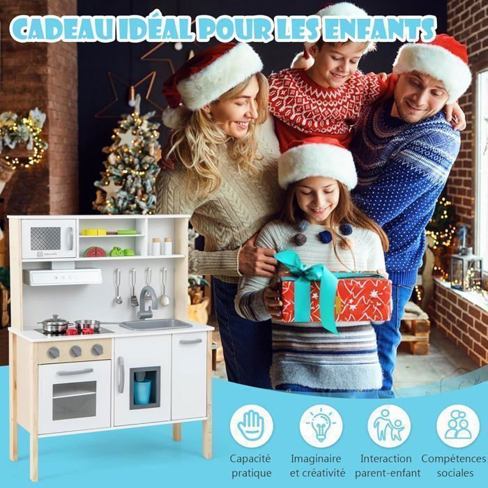 Cocina infantil de madera COSTWAY para niños de 3 a 6 años - 18 accesorios con fregadero, microondas, color blanco, dispositivo antivuelco