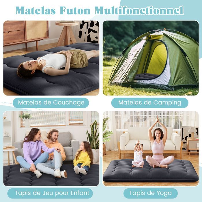 Colchón futón COSTWAY de 140 x 200 cm, con sobrecolchón extraíble y lavable, colchón portátil para suelo con bolsa de transporte para camping, color negro.