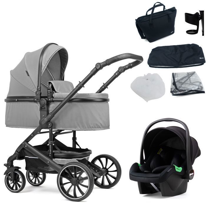 Pixini Kalani 3-in-1 kinderwagen - Tot 22 kg - Kinderwagen, reiswieg, autostoeltje, tas en diverse accessoires - Zilver