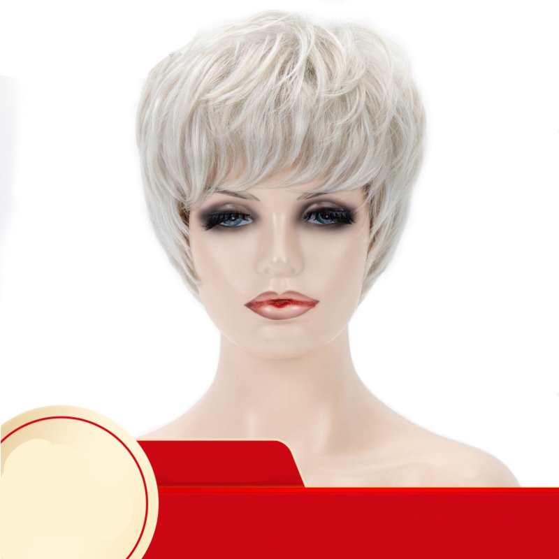 Short Silver Wigs for Women Synthetic Fiber White Hair Wig with Bangs Carnival Costume Party Soft Hair Gifts for Seniors