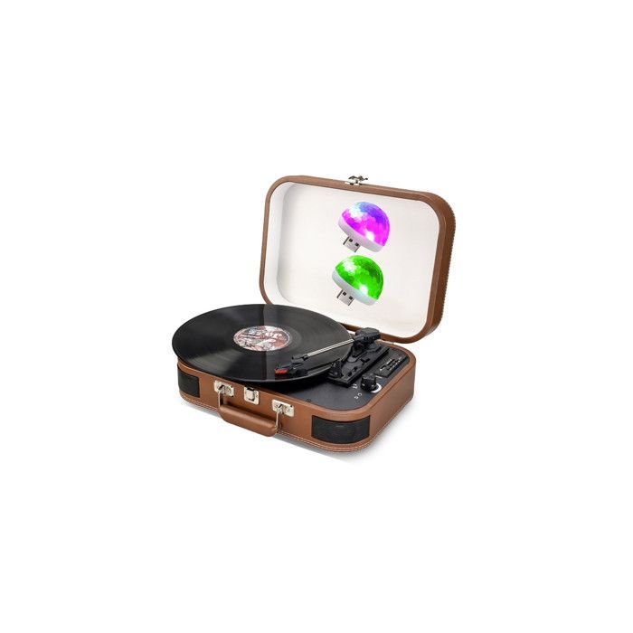 Platine Vinyle Disques 33,45,78 trs, Multifonction Bluetooth rétro TD14, Encoding, Port USB, Cuir marron, 2 Boules Disco LED
