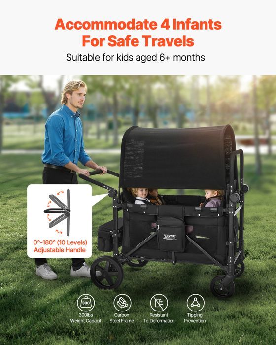 Carrito de transporte infantil VEVOR - Capacidad de carga de 150 kg - con manillar ajustable - Cochecito de camping de 4 plazas - Negro