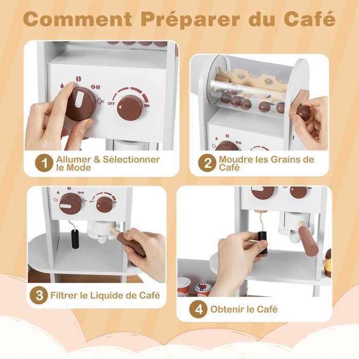 Cocina de juguete interactiva XXL COSTWAY para niños de 3 años en adelante - 12 accesorios, cafetera, lavadora, cestas de tela gris claro.