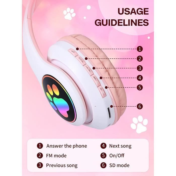 Auriculares para niñas con diseño de orejas de gato, luz LED, plegables, con Bluetooth, micrófono, ranura para tarjeta micro SD/TF, para A818