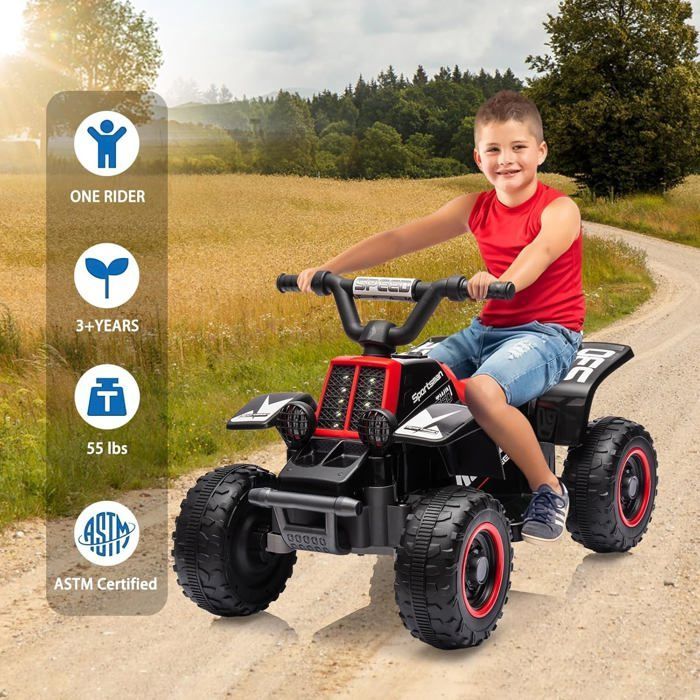 Quad eléctrico de 6 V para niños, coche eléctrico infantil con luces LED y música, 1,8 km/h con claxon, ATV para niños de 3 años en adelante, rojo.