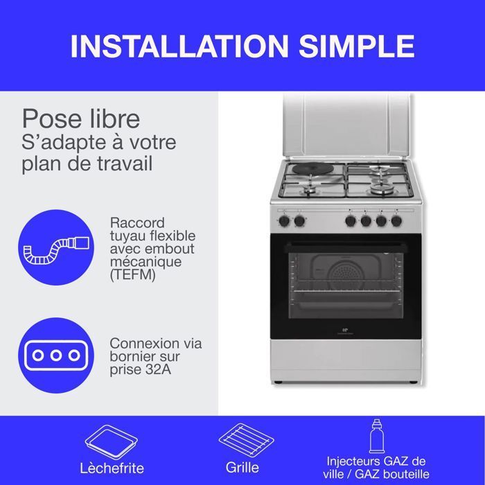 Cuisinière mixte CONTINENTAL EDISON CECM60FCS - 3 feux gaz + 1 électrique - L59,8 x P61 xH83 cm - Silver