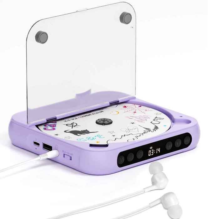 Bluetooth-CD-Player – Mini-CD-Player, tragbar, schlank und leicht – vielseitig – kompatibel mit CDs und USB – 135 x 135 x 25 mm – Lila