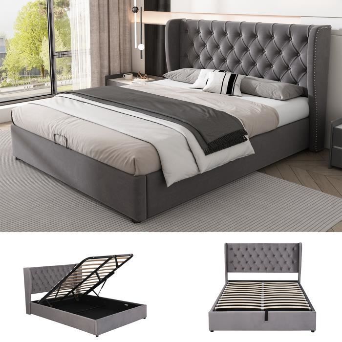 Letto imbottito - MODERNLUXE - Grigio - 140 x 200 cm - Vano contenitore - Rete a doghe
