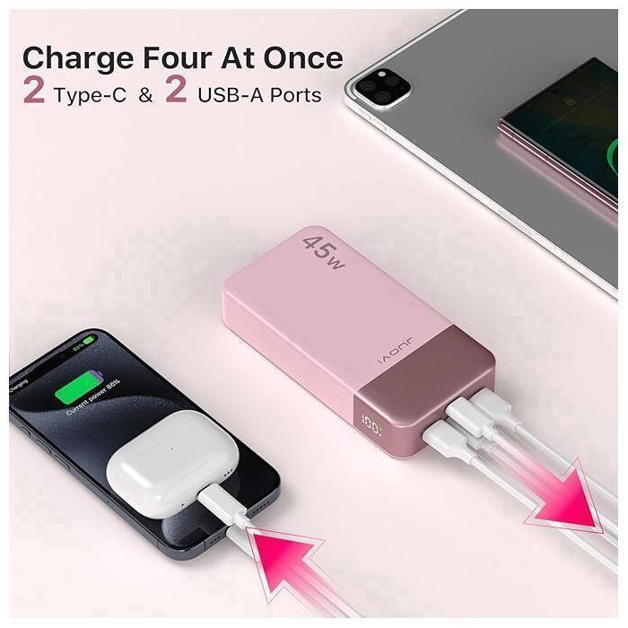 JUOVI 20000mAh 45W External Battery, Power Bank 4 USB-C PD & USB-A Ports, LED Screen, Samsung Super Fast Charge 2.0 Compatible Pink