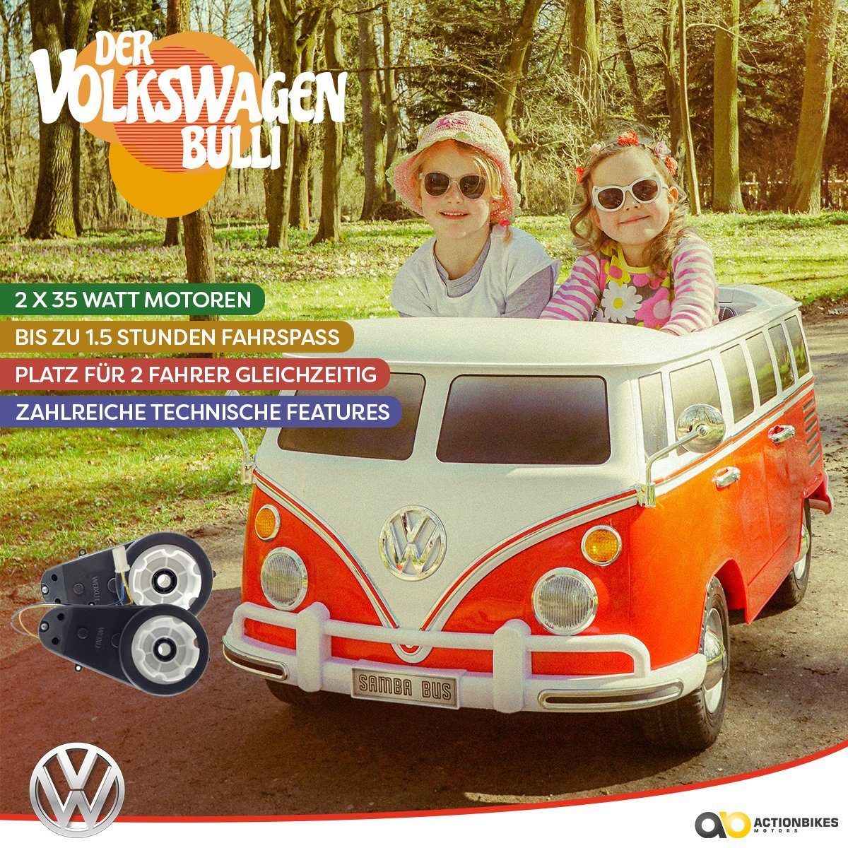 Voiture électrique pour enfants Actionbikes Motors, modèle VW Bus Bulli T1, capacité de charge 40 kg (2 unités), pneus pleins en caoutchouc EVA - VW Bulli - à partir de 3 ans.