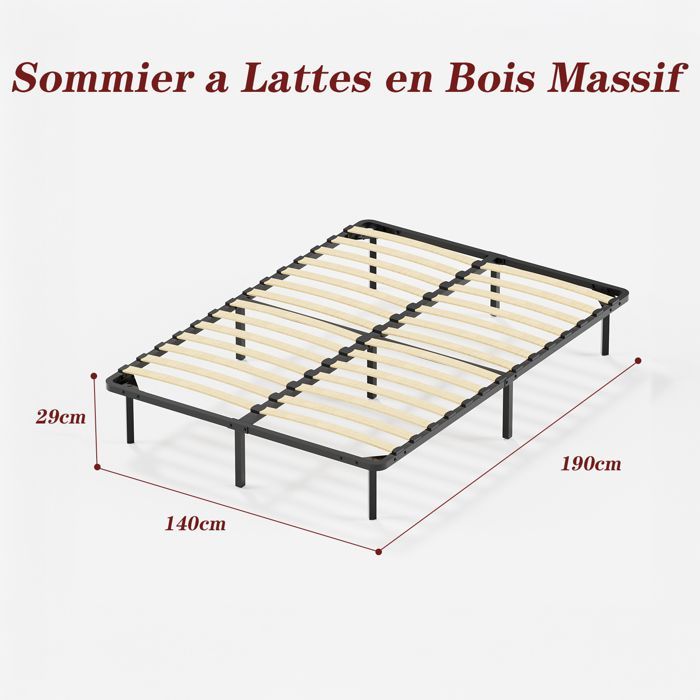 TUNCCO Sommier 140x190cm, Hauteur de 29 cm , Sommier à Lattes pour Adulte, 2x14 Lattes ,9 Pieds Inclus