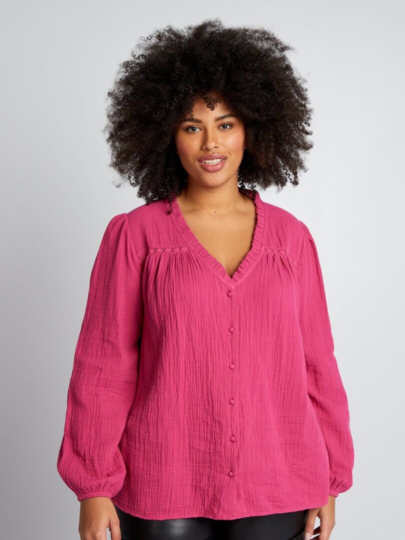 Blouse van katoenen gaas met rucheskraag - ROZE