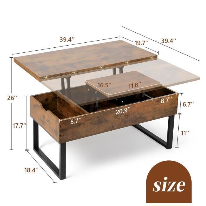Salontafel met opklapbaar blad - VOWNER - Converteerbare salontafel voor eetkamer, vintage bruin - woonkamer - rechthoekig - vintage
