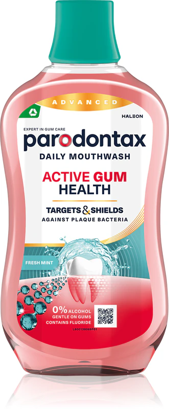 Enxaguante bucal Parodontax Daily Gum Care Fresh Mint oferece proteção completa aos dentes.